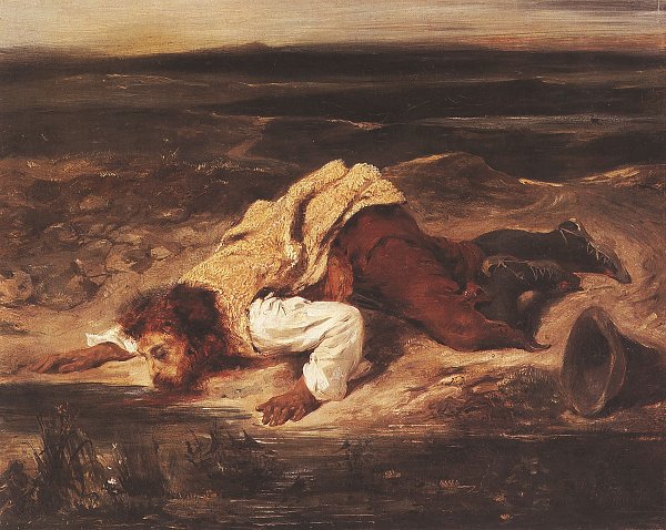 Eugene Delacroix Toedlich verwundeter Raeuber kriecht zu einem GEwaesser Wandbild