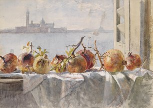 Marie Egner Granataepfel auf einer Fensterbank dahinter Venedig Wandbild