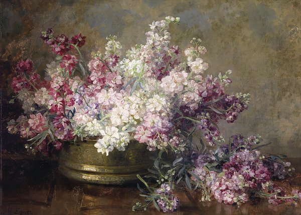 Marie Egner Kupferschale mit weissen und rosa Blumen gefuellt Wandbild