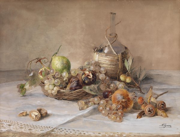 Marie Egner Stilleben mit Obst und Chiantiflasche Wandbild