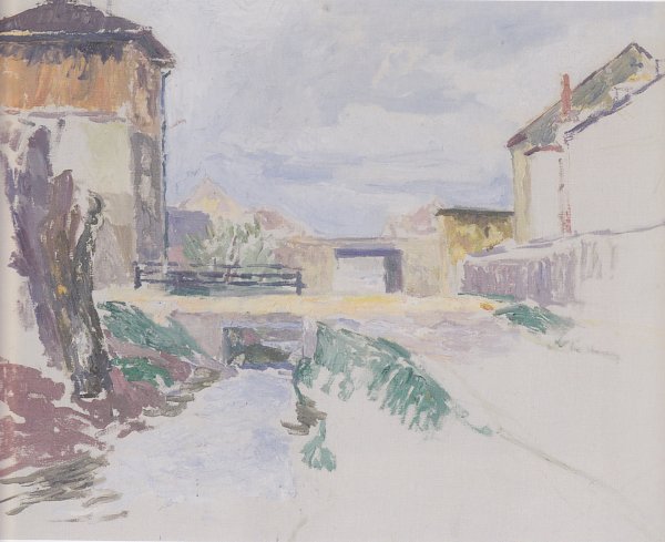 Felix Esterl Bach Bruecke und Haeuser Feuerbach in Klagenfurt Wandbild