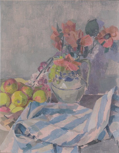 Felix Esterl Stillleben mit Mohnblumen Aepfeln und Tuch Wandbild