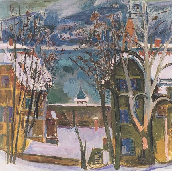 Felix Esterl Verschneite Haeuser am Woerthersee Wandbild