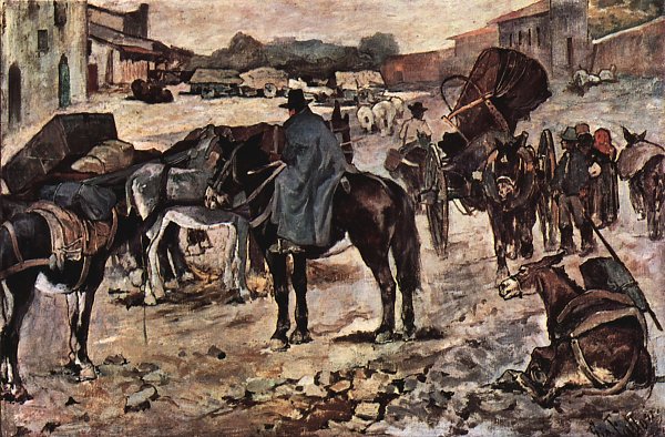 Giovanni Fattori Dorfstrasse mit Bauern Maultieren und Haendlern Wandbild
