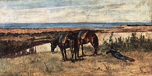 Giovanni Fattori Soldat mit zwei Pferden am Ufer des Meeres Wandbild
