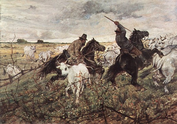Giovanni Fattori Zwei berittene Hirten mit Stierherde Wandbild