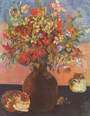 Paul Gauguin Blumen und Katzen Wandbild