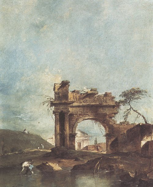 Francesco Guardi Capriccio mit zerfallenem Torbogen und kleinem Tempel im Hintergrund Wandbild