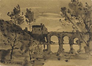 Henri Harpignies River Landscape with Bridge and House Wandbild