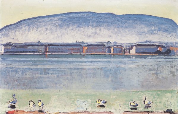Ferdinand Holler Die Bucht von Genf mit sechs Schwaenen im Vordergrund Wandbild