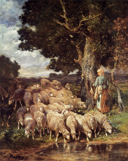 Charles Emile Jacque A shepherdess with her flock near a stream Wandbild