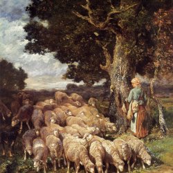 Charles-Emile-Jacque-A-shepherdess-with-her-flock-near-a-stream