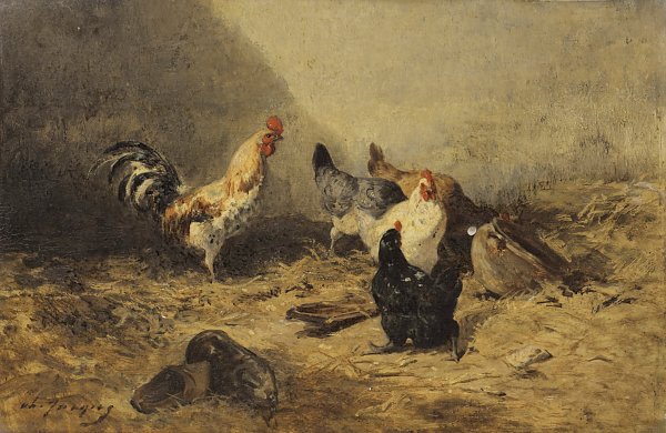 Charles Emile Jacque Cock and hens