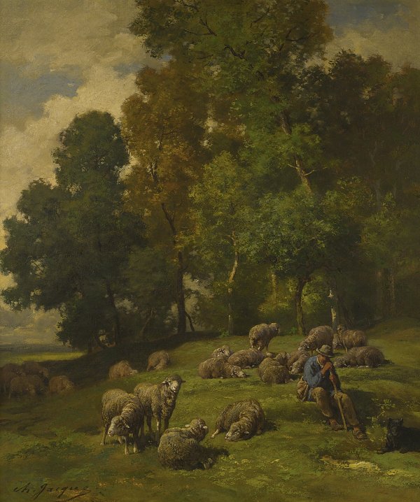Charles Emile Jacque Shepherd in a field with his flock