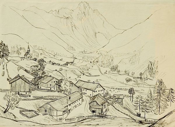 Bergdorf Zeichnung Wandbild