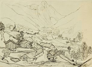 Bergdorf Zeichnung Wandbild