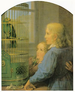 Georg Friedrich Kersting Zwei Kinder vor einem Papageienbauer Wandbild