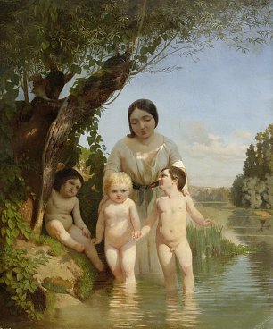 Ludwig Knaus Mutter mit drei Kindern am Fluss Wandbild