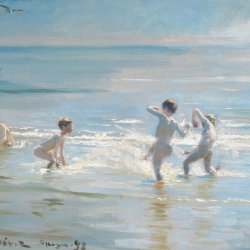 Peder-Severin-Kroyer-En-Flok-Drenge-ude-i-det-solglitrende-Vand