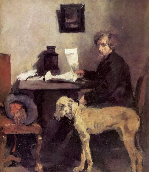 Wilhelm Leibl Portraet des Malers Sattler mit seiner Dogge Wandbild