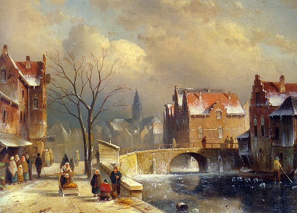 Charles Leickert Dorfbewohner auf einer verschneiten Strasse an einem Kanal Wandbild
