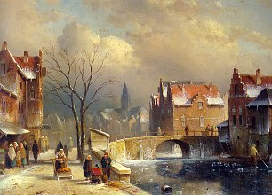 Charles Leickert Dorfbewohner auf einer verschneiten Strasse an einem Kanal Wandbild