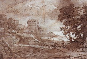 Claude Lorrain Landschaft mit rundem Turm und Meeresbucht Wandbild