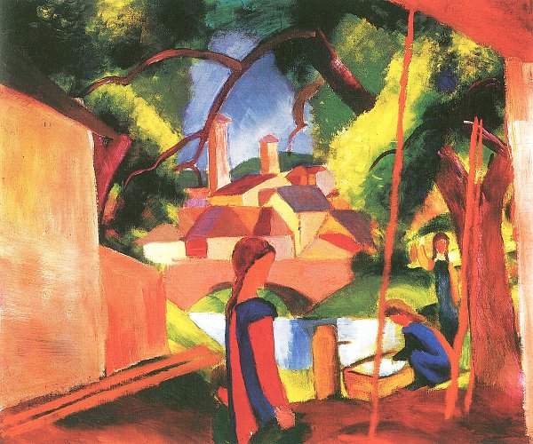 August Macke Kinder am Brunnen mit Stadt im Hintergrund Wandbild