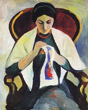 August Macke Stickende Frau auf Sessel Frau des Kuenstlers Wandbild