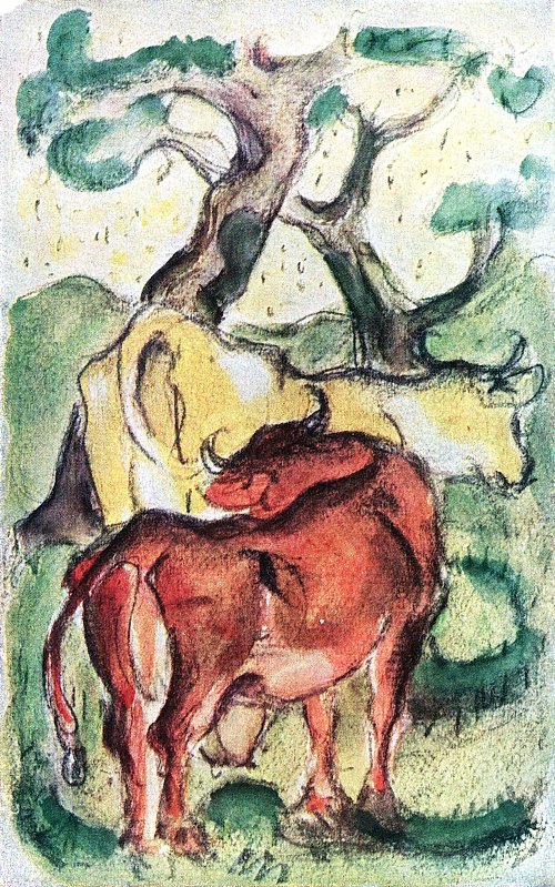 Franz Marc Kuehe unter Baeumen Wandbild