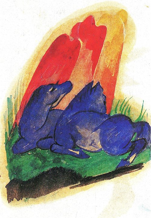 Franz Marc Zwei blaue Pferde vor rotem Fels Wandbild