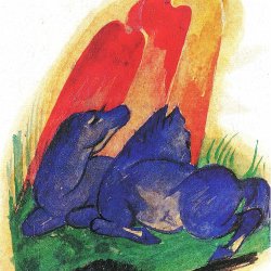 Franz-Marc-Zwei-blaue-Pferde-vor-rotem-Fels