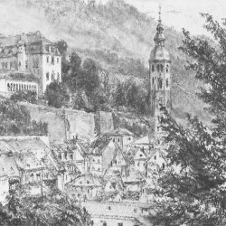 Adolph-Menzel-Blick-auf-ein-Schloss-und-Ortschaft-Baden-Baden