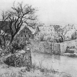 Adolph-Menzel-Dorf-an-einem-Fluss-in-der-Naehe-von-Kassel