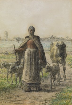 Jean Francois Millet Paysanne conduisant aux champs sa vache es ses moutons Wandbild