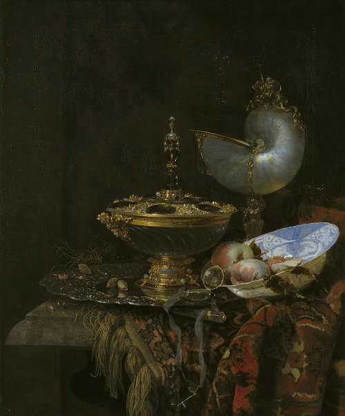 Kalf Willem Pronk Still Life with Holbein Bowl Nautilus Cup Glass Goblet and Fruit Dish Wandbild