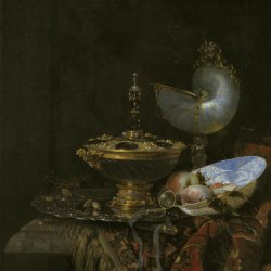 Kalf-Willem-Pronk-Still-Life-with-Holbein-Bowl-Nautilus-Cup-Glass-Goblet-and-Fruit-Dish