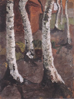 Paula Modersohn Becker Birkenstaemmen vor roten Gehoeft Wandbild