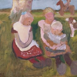 Paula-Modersohn-Becker-Drei-Kinder-an-einem-Hang-sitzedn-mit-Hund-und-Pferd