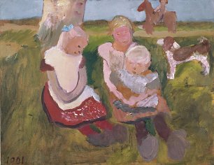 Paula Modersohn Becker Drei Kinder an einem Hang sitzedn mit Hund und Pferd Wandbild