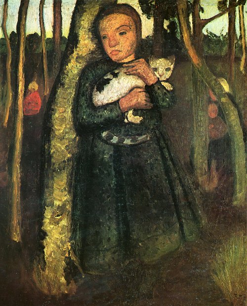 Paula Modersohn Becker Maedchen mit Katze im Birkenwald Wandbild