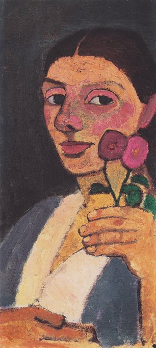 Paula Modersohn Becker Selbstbildnis mit zwei Blumen in der erhobenen linken Hand Wandbild