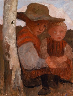 Paula Modersohn Becker Sitzendes Maedchen mit Strohhut und Kind auf dem Schoss Wandbild