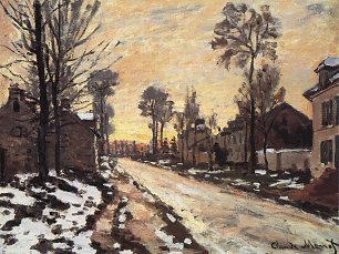 Claude Monet Strasse nach Louveciennes Schmelzender Schnee Sonnenuntergang Wandbild
