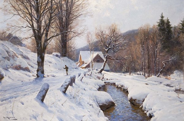 Walter Moras Romantische Winterlandschaft mit Skilaeufer Wandbild