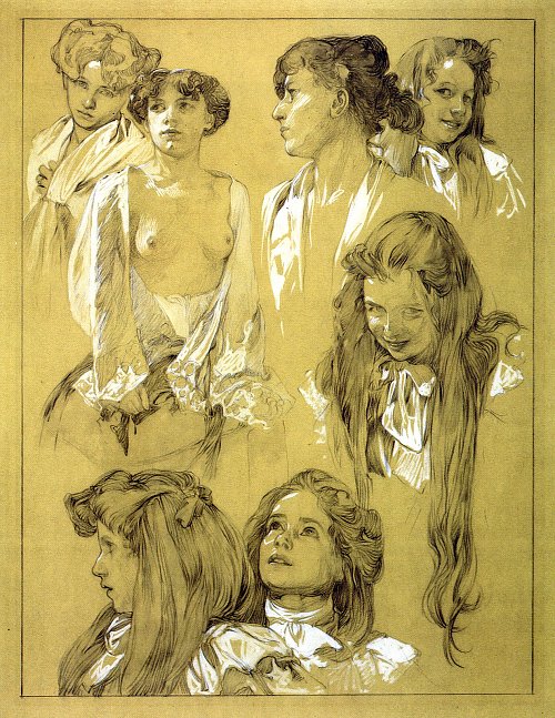 Alfons Mucha Selected sketch womens heads2 Wandbild