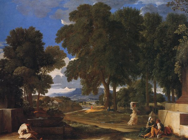 Nicolas Poussin Landscape with a Man Washing His Feet at a Fountain Wandbild