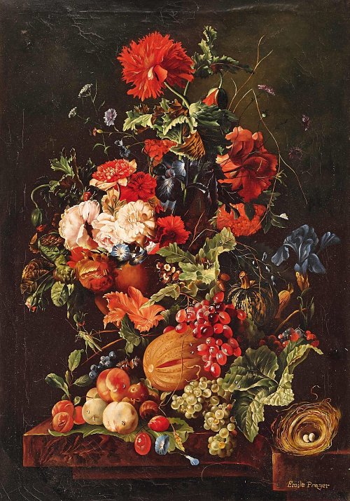 Emilie Preyer Blumenstillleben mit Fruechten und Vogelnest Wandbild