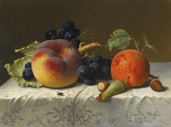 Emilie Preyer Stillleben mit Pfirsich Aprikose Weintrauben und Haselnuesse auf einem Tisch