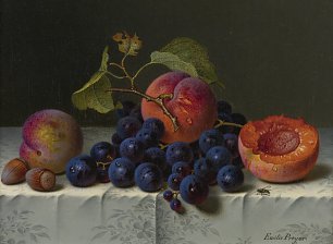 Emilie Preyer Stillleben von Pfirsichen Nuessen und Weintrauben auf einem Tisch Wandbild